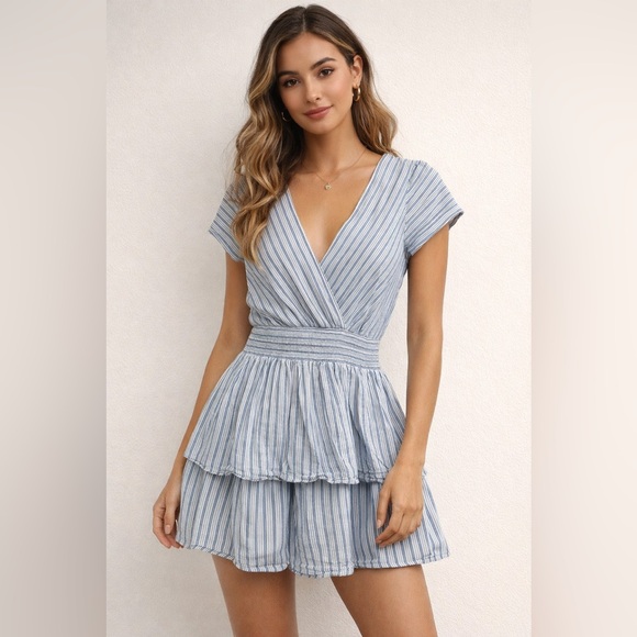 American Eagle Outfitters Dresses & Skirts - American Eagle Blue and White Cotton Linen Striped Mini Ruffled Dress Size M‎